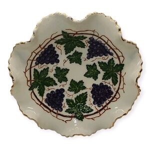 Hand Painted Bowl Raised Grapes‎ Scalloped Leaf Vines Candy Dish Signed SEE